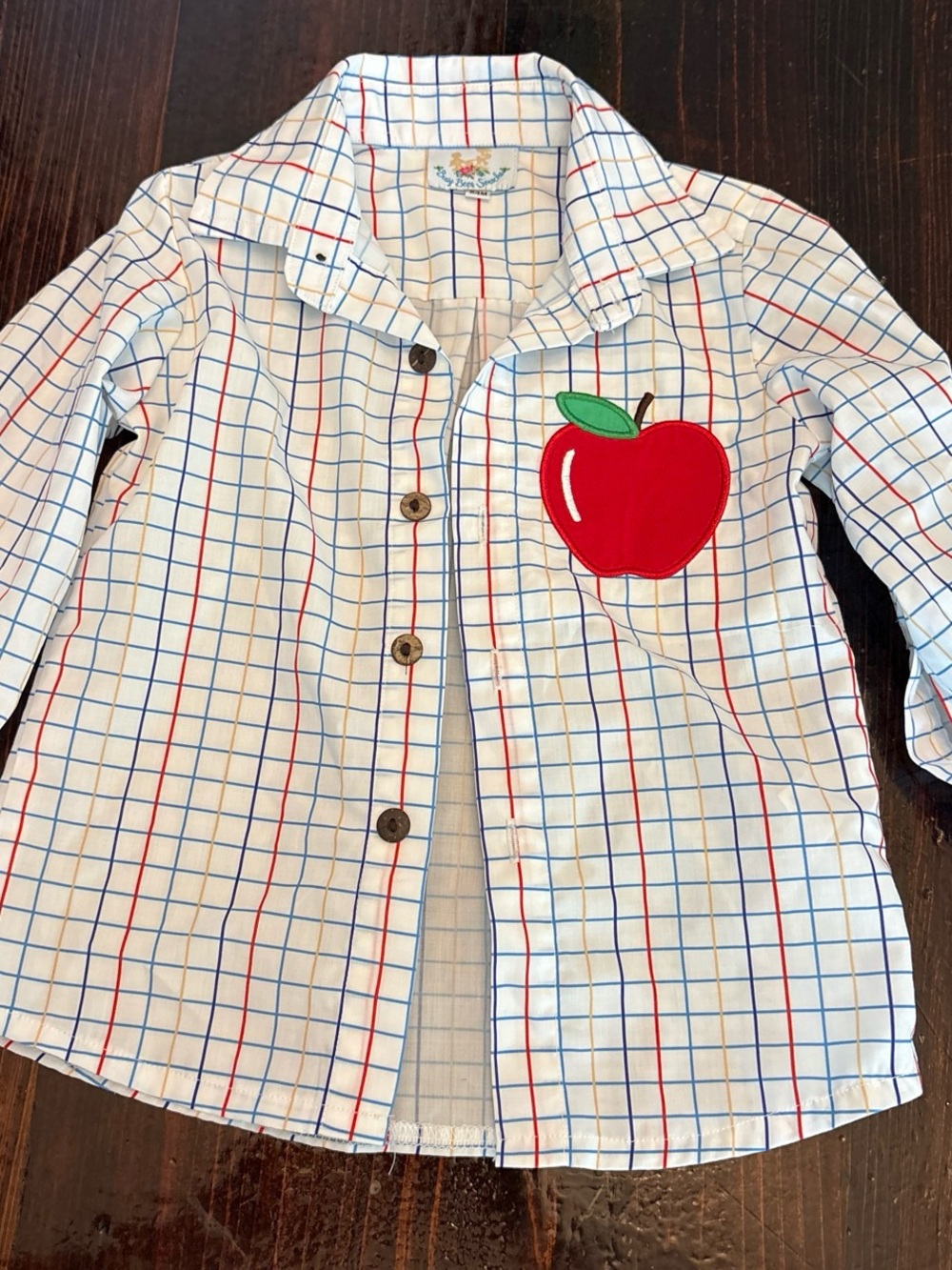 Kids White Plaid Button-Down Shirt with Red Apple Patch